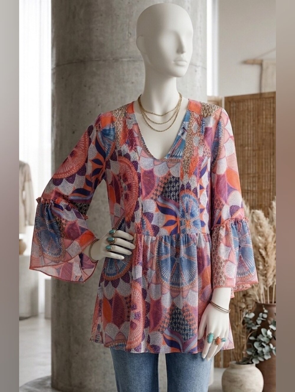 Vintage America Blue and Orange Floral-Print Blouse
